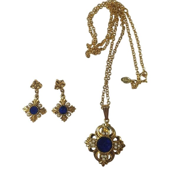 Avon Jewelry - Avon Vintage Gold Tone Necklace Earrings Set Faux Lapis Pearls 24 Inch Chain